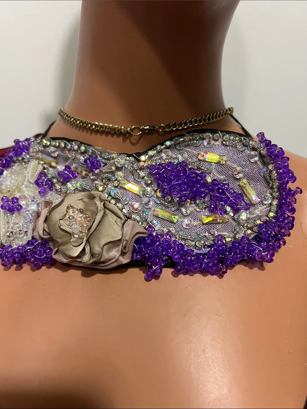 Purple Beaded Decorative Sleep Mask with Champagne Flower Accent